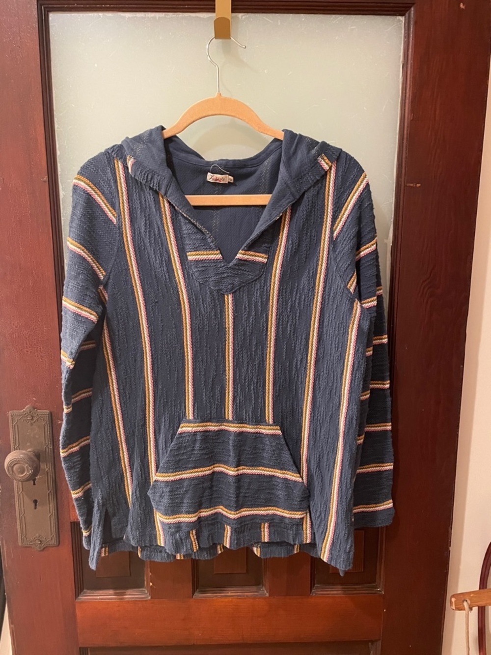Faherty Striped Hooded Baja Pullover - Navy with Yellow & Pink Stripes